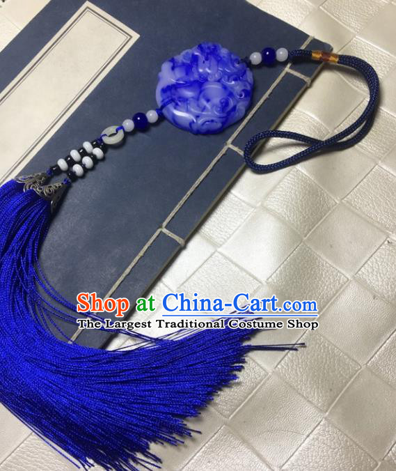 Traditional Chinese Hanfu Jade Pi Xiu Waist Accessories Royalblue Tassel Pendant Ancient Swordsman Brooch