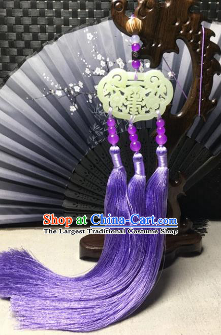 Traditional Chinese Hanfu Jade Carving Plum Lock Waist Accessories Palace Purple Tassel Pendant Ancient Swordsman Brooch