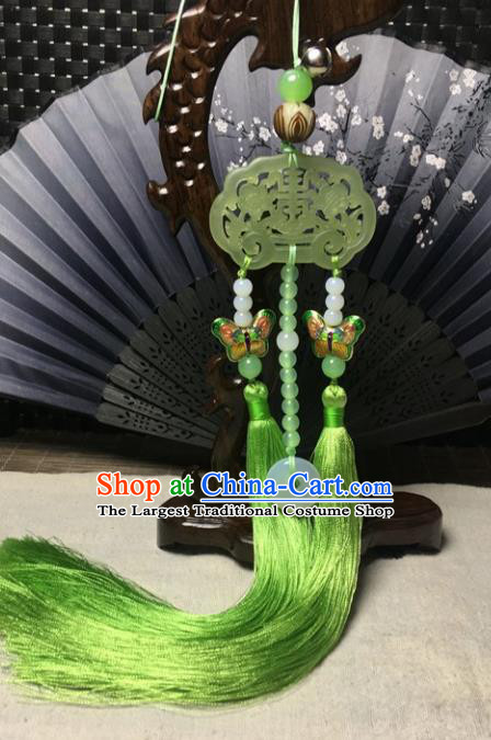 Traditional Chinese Hanfu Jade Carving Plum Lock Waist Accessories Palace Green Tassel Pendant Ancient Swordsman Brooch