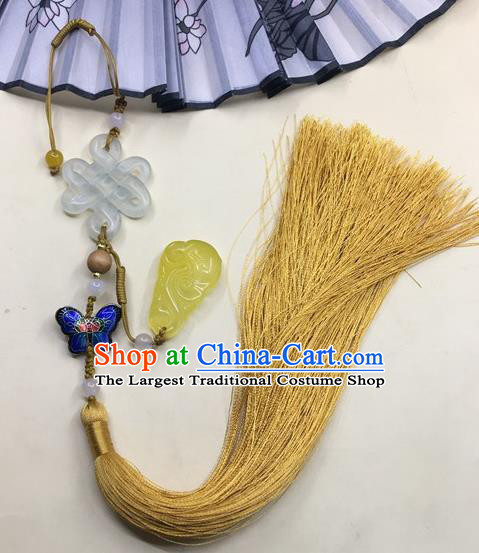 Traditional Chinese Hanfu Jade Carving Knot Waist Accessories Palace Yellow Tassel Pendant Ancient Swordsman Brooch