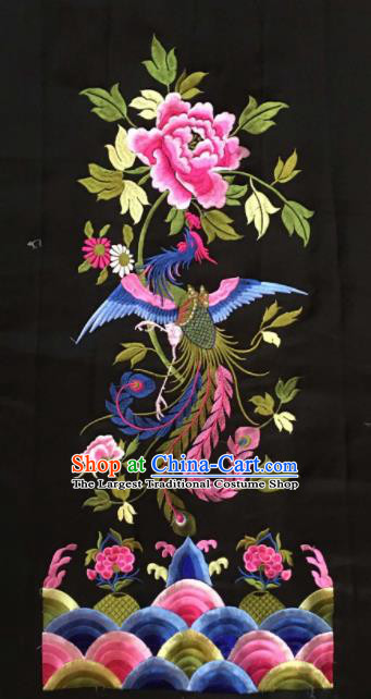 Chinese Traditional Embroidered Phoenix Peony Black Applique National Dress Patch Embroidery Cloth Accessories