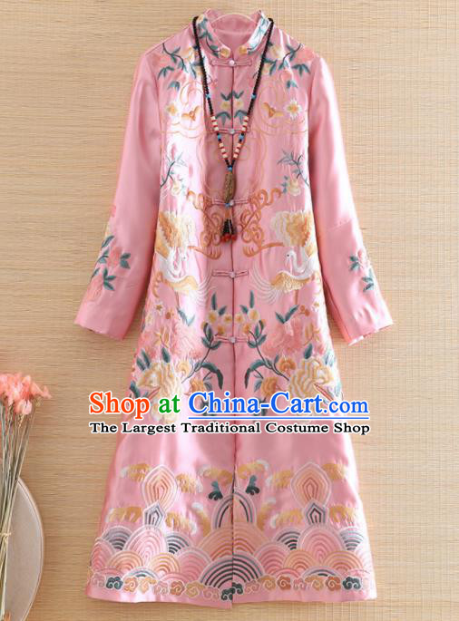 Chinese Traditional Tang Suit Embroidered Pink Coat National Costume Qipao Outer Garment for Women