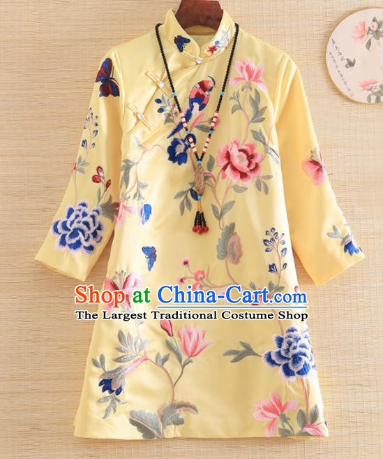 Chinese Traditional Tang Suit Embroidered Peony Yellow Blouse National Costume Qipao Upper Outer Garment for Women