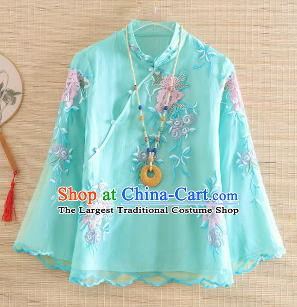 Chinese Traditional Tang Suit Embroidered Blue Blouse National Costume Qipao Upper Outer Garment for Women