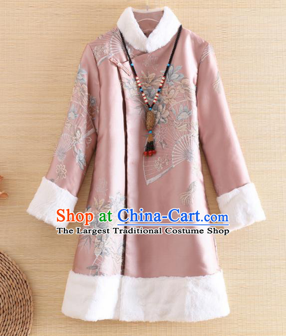 Chinese Traditional Tang Suit Printing Pink Jacket National Costume Qipao Upper Outer Garment for Women