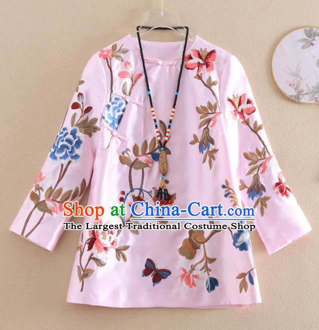 Chinese Traditional Tang Suit Embroidered Peony Pink Shirt National Costume Qipao Upper Outer Garment for Women