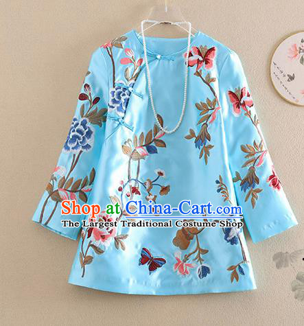 Chinese Traditional Tang Suit Embroidered Peony Blue Shirt National Costume Qipao Upper Outer Garment for Women