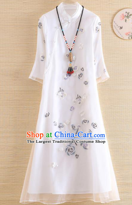 Chinese Traditional Tang Suit Embroidered White Organza Cheongsam National Costume Qipao Dress for Women