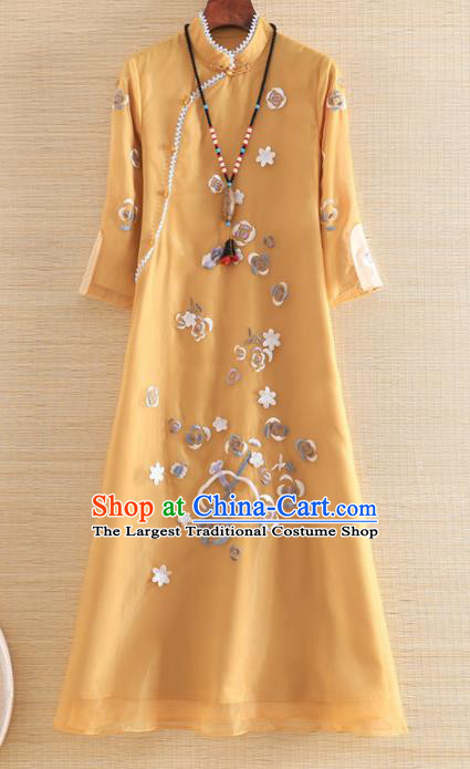 Chinese Traditional Tang Suit Embroidered Yellow Organza Cheongsam National Costume Qipao Dress for Women