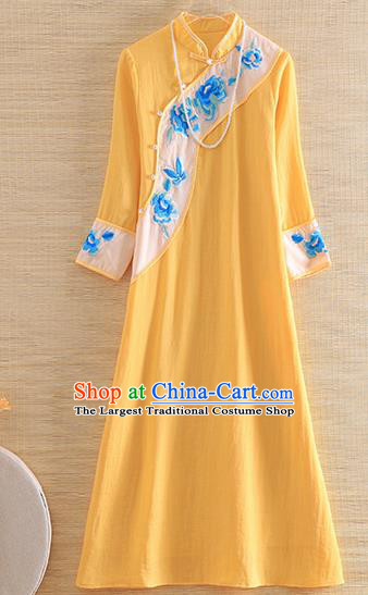 Chinese Traditional Tang Suit Embroidered Peony Yellow Cheongsam National Costume Qipao Dress for Women