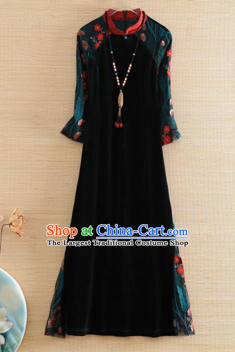 Chinese Traditional Tang Suit Embroidered Black Velvet Cheongsam National Costume Qipao Dress for Women