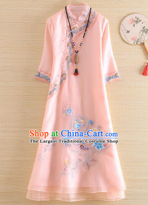 Chinese Traditional Tang Suit Embroidered Pink Organza Cheongsam National Costume Qipao Dress for Women