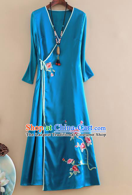 Chinese Traditional Tang Suit Embroidered Blue Brocade Cheongsam National Costume Qipao Dress for Women