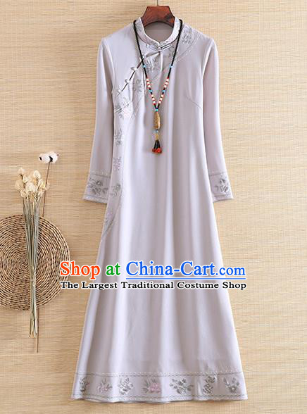 Chinese Traditional Tang Suit Embroidered Flowers Grey Cheongsam National Costume Qipao Dress for Women