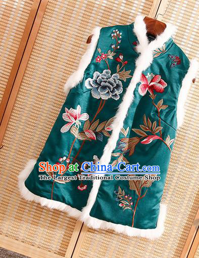 Chinese Traditional Embroidered Peony Green Vest National Dress Embroidery Waistcoat for Women