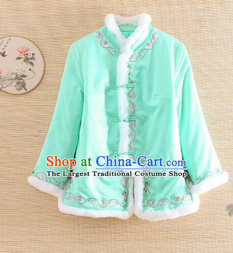 Chinese Traditional Winter Green Jacket National Costume Qipao Upper Outer Garment for Women