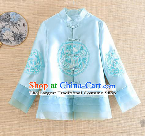 Chinese Traditional Embroidered Blue Jacket National Costume Qipao Upper Outer Garment for Women