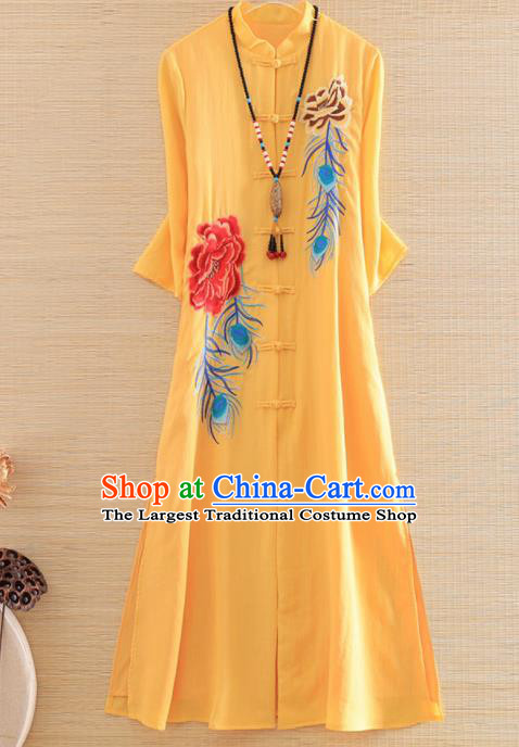 Chinese Traditional Embroidered Phoenix Peony Yellow Cheongsam National Costume Qipao Dress for Women