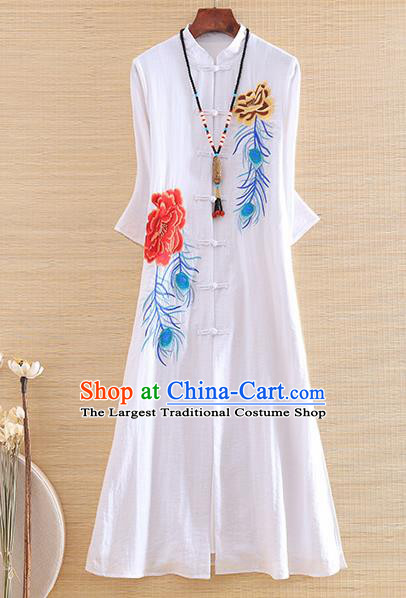 Chinese Traditional Embroidered Phoenix Peony White Cheongsam National Costume Qipao Dress for Women