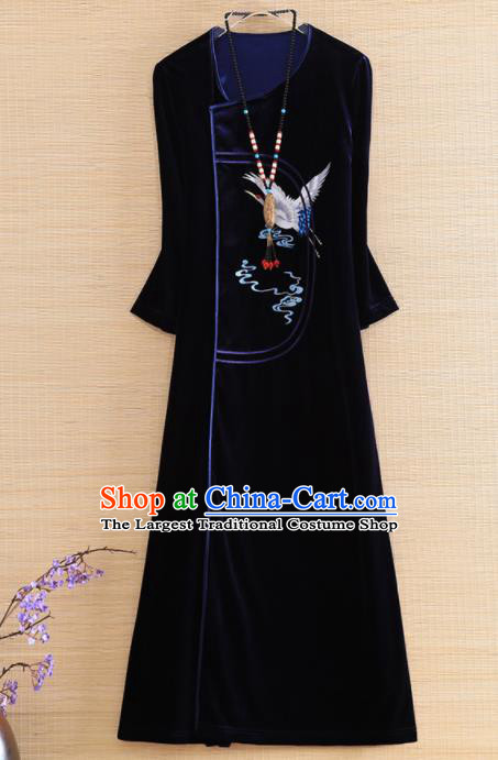 Chinese Traditional Embroidered Purple Velvet Cheongsam National Costume Qipao Dress for Women