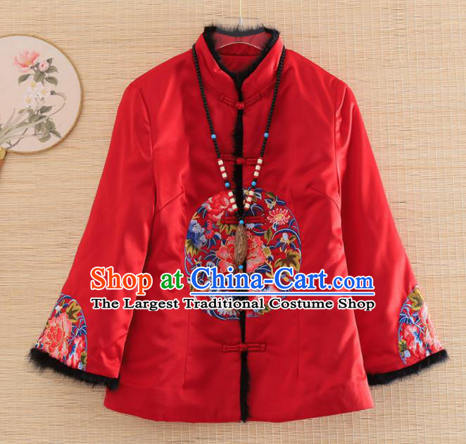 Chinese Traditional Embroidered Peony Red Jacket National Costume Qipao Upper Outer Garment for Women