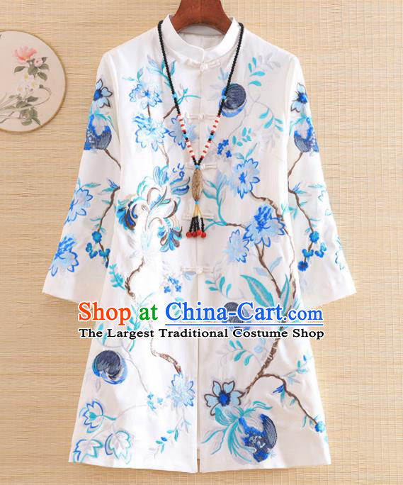 Chinese Traditional Embroidered White Jacket National Costume Qipao Upper Outer Garment for Women