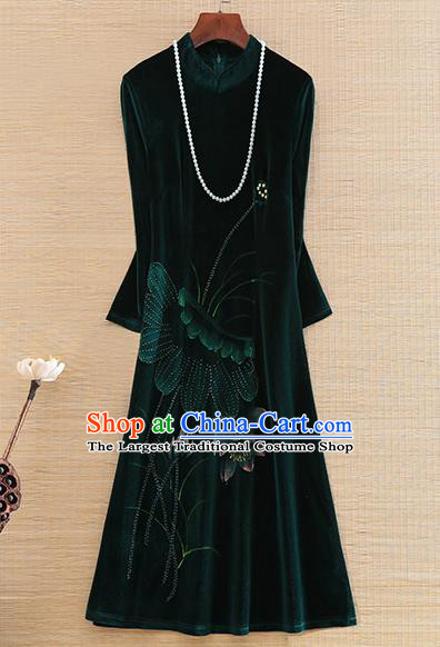 Chinese Traditional Printing Lotus Green Velvet Cheongsam National Costume Qipao Dress for Women