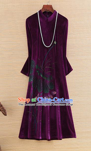 Chinese Traditional Printing Lotus Purple Velvet Cheongsam National Costume Qipao Dress for Women