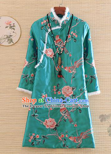 Chinese Traditional Tang Suit Embroidered Green Cotton Padded Coat National Costume Qipao Upper Outer Garment for Women