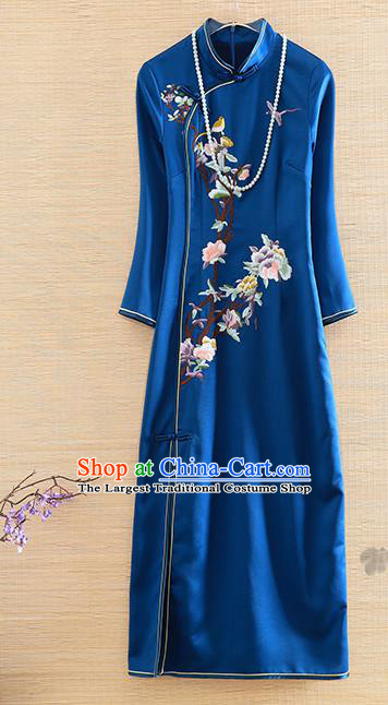 Chinese Traditional Embroidered Peony Royalblue Cheongsam National Costume Qipao Dress for Women