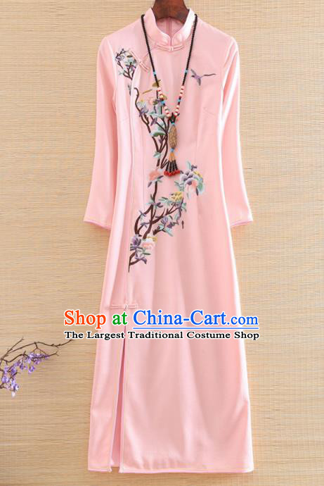 Chinese Traditional Embroidered Peony Pink Cheongsam National Costume Qipao Dress for Women