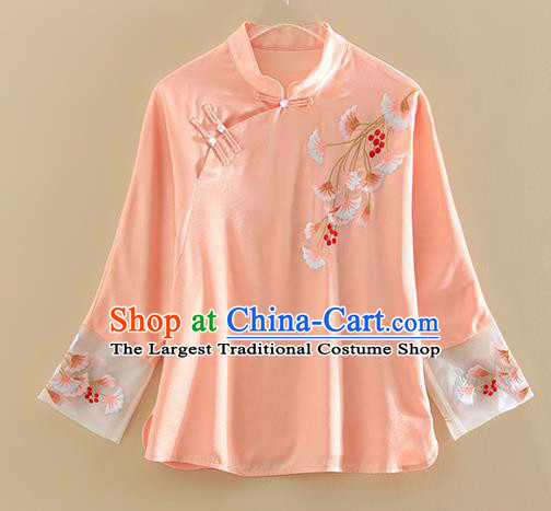 Chinese Traditional Tang Suit Embroidered Ginkgo Leaf Pink Shirt National Costume Qipao Upper Outer Garment for Women