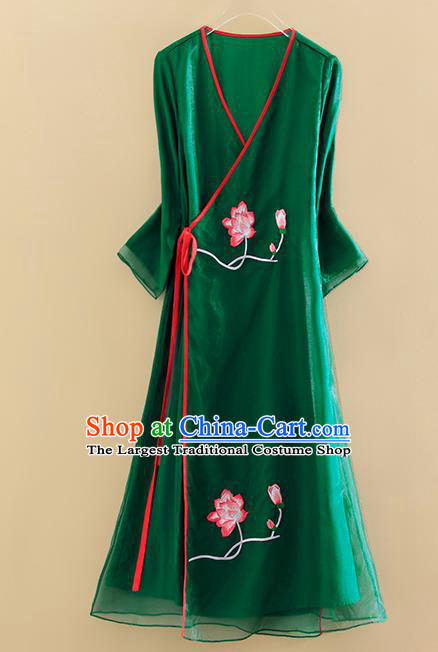 Chinese Traditional Tang Suit Embroidered Lotus Green Organza Cheongsam National Costume Qipao Dress for Women