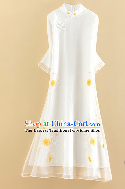 Chinese Traditional Tang Suit Embroidered Flowers White Cheongsam National Costume Qipao Dress for Women