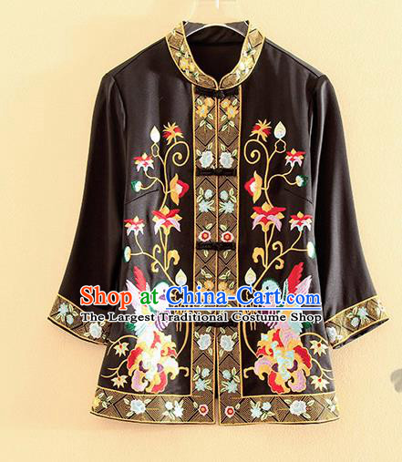 Chinese Traditional Tang Suit Embroidered Birds Black Blouse National Costume Qipao Upper Outer Garment for Women