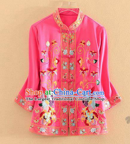 Chinese Traditional Tang Suit Embroidered Birds Rosy Blouse National Costume Qipao Upper Outer Garment for Women