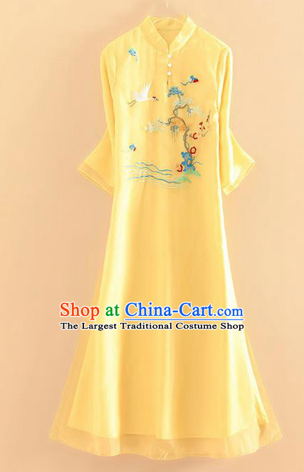 Chinese Traditional Tang Suit Embroidered Crane Pine Plum Yellow Cheongsam National Costume Qipao Dress for Women