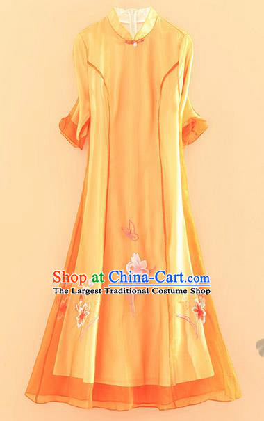 Chinese Traditional Tang Suit Embroidered Lotus Orange Cheongsam National Costume Qipao Dress for Women