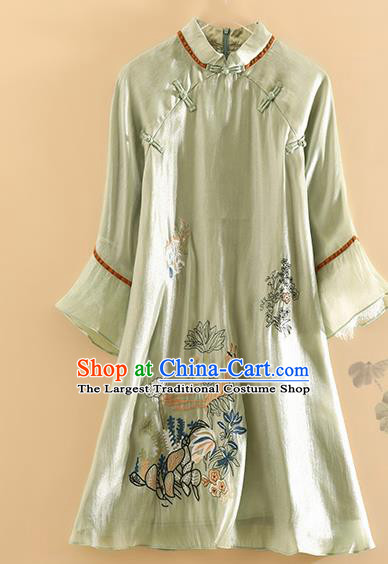 Chinese Traditional Tang Suit Embroidered Lotus Green Blouse National Costume Qipao Upper Outer Garment for Women