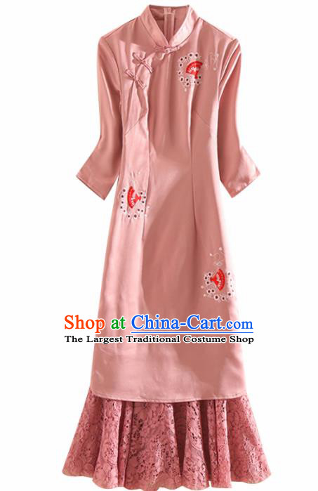 Chinese Traditional Tang Suit Embroidered Pink Lace Cheongsam National Costume Qipao Dress for Women