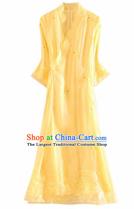 Chinese Traditional Tang Suit Embroidered Crane Yellow Organza Cheongsam National Costume Qipao Dress for Women