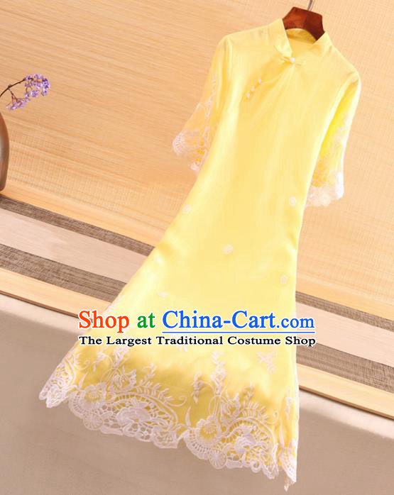 Chinese Traditional Tang Suit Embroidered Yellow Cheongsam National Costume Qipao Dress for Women