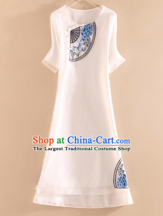 Chinese Traditional Tang Suit Embroidered Peony White Cheongsam National Costume Qipao Dress for Women