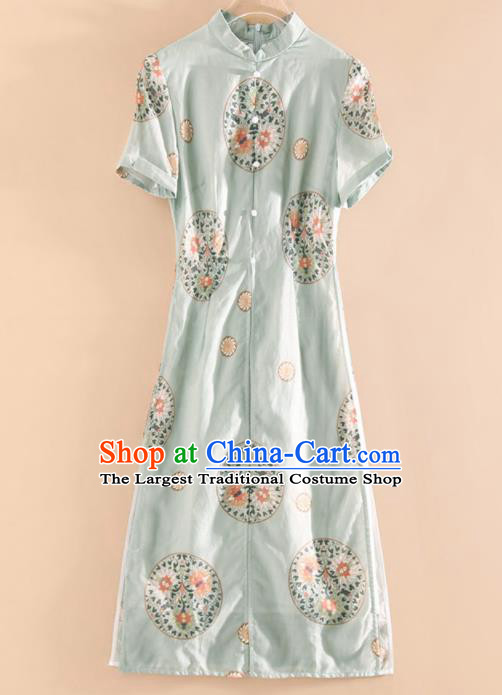 Chinese Traditional Tang Suit Embroidered Light Green Silk Cheongsam National Costume Qipao Dress for Women