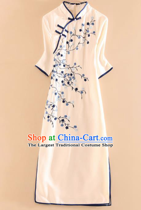 Chinese Traditional Tang Suit Embroidered Plum Beige Cheongsam National Costume Qipao Dress for Women