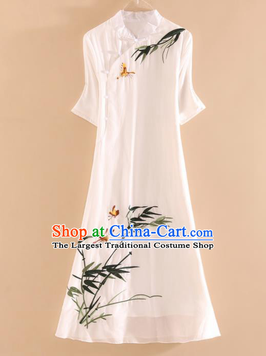 Chinese Traditional Tang Suit Embroidered Bamboo White Cheongsam National Costume Qipao Dress for Women