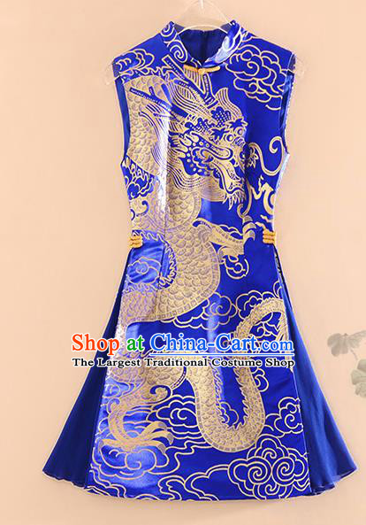 Chinese Traditional Tang Suit Royalblue Brocade Cheongsam National Costume Qipao Dress for Women