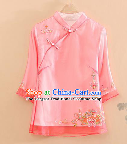 Chinese Traditional Tang Suit Embroidered Peach Pink Organza Blouse National Costume Qipao Upper Outer Garment for Women