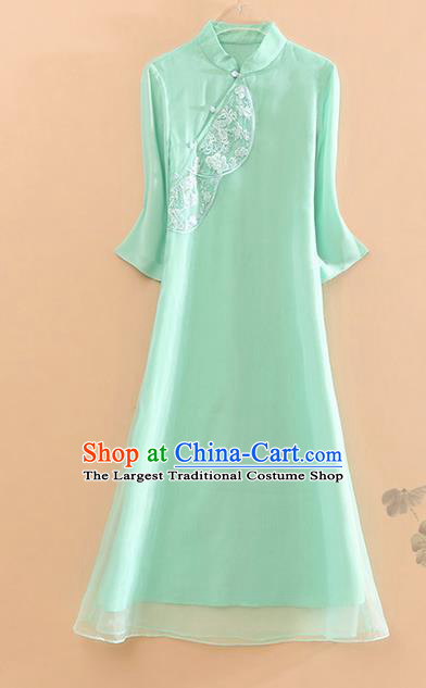 Traditional Chinese Tang Suit Embroidered Green Cheongsam National Costume Qipao Dress for Women