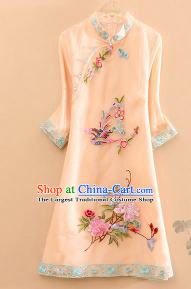 Traditional Chinese Tang Suit Embroidered Phoenix Peony Beige Cheongsam National Costume Qipao Dress for Women